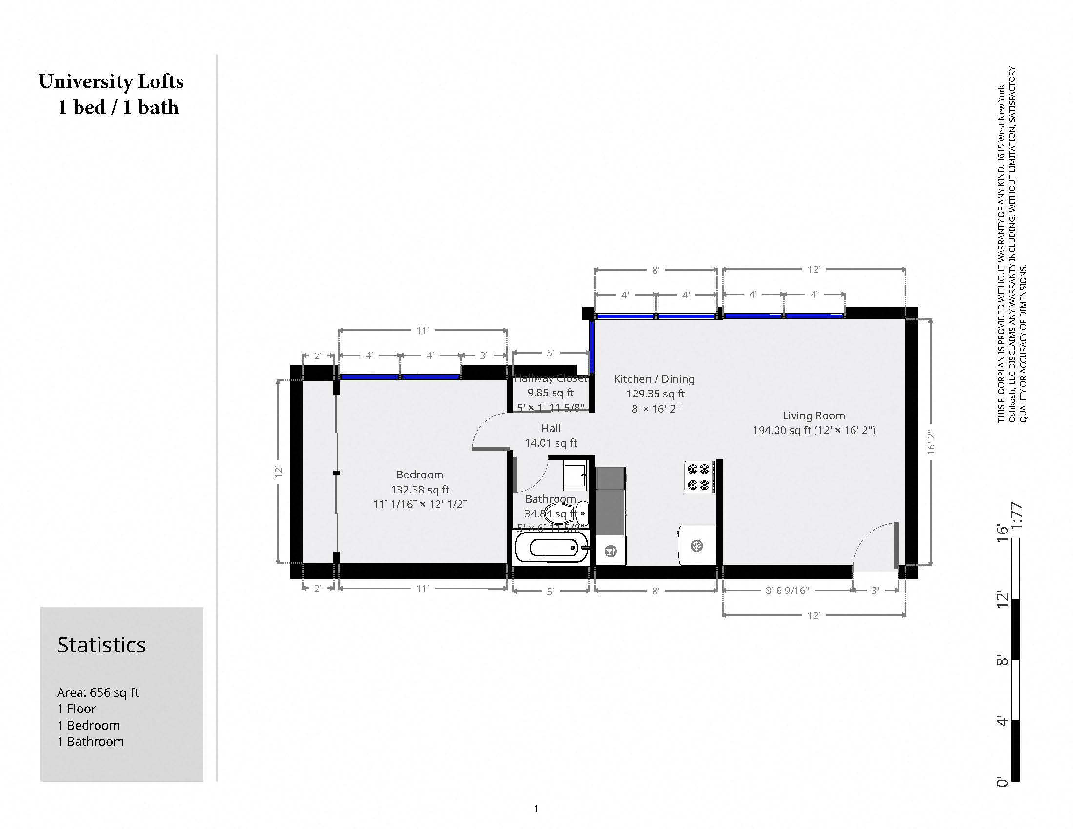 Floor plan for 1 bed, 1 bath, 656 sqft